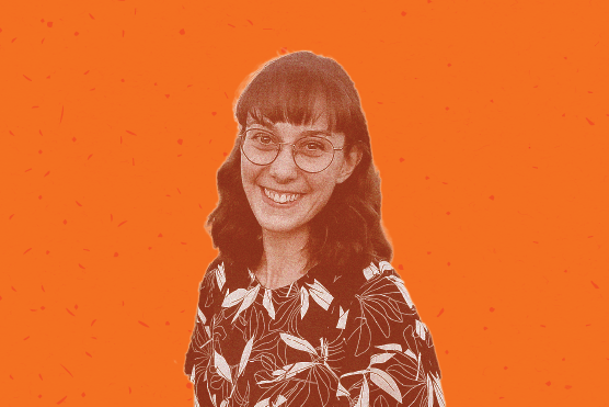 Image of young woman with orange graphic background