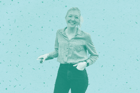 Image of young woman standing with a turquoise graphic background
