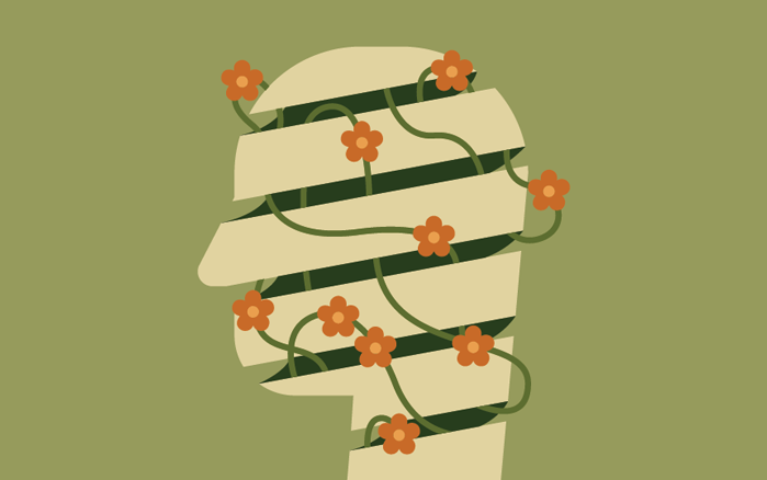 Graphic of a head with flower vine wrapping around it