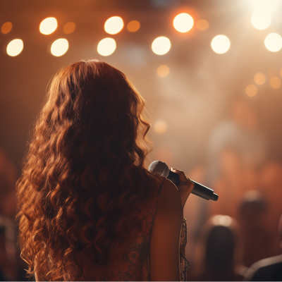 A blonde woman singing