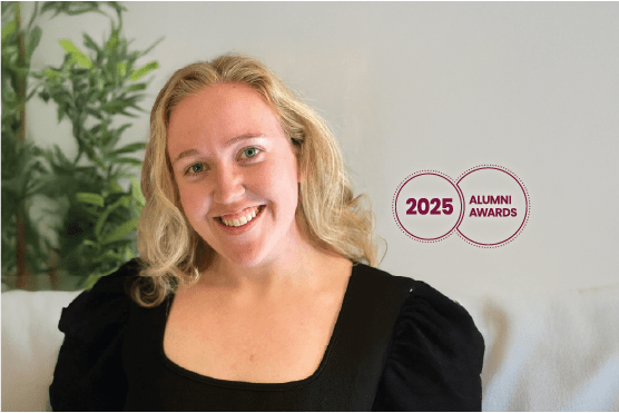 Headshot of young woman with blonde hair and 2025 Alumni Awards logo