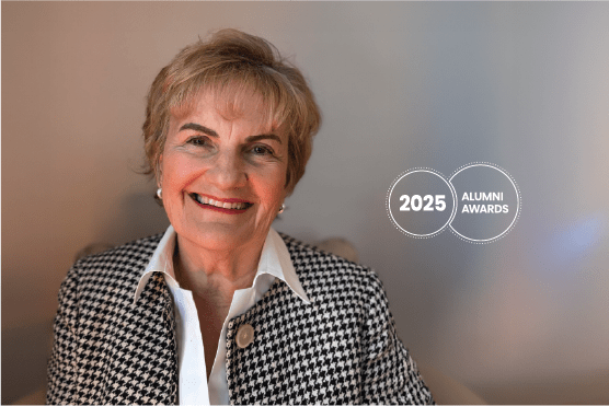 Image of smiling woman with 2025 Alumni Awards logo