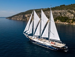 The Klara Sail boat sailing next to cliffside Canada