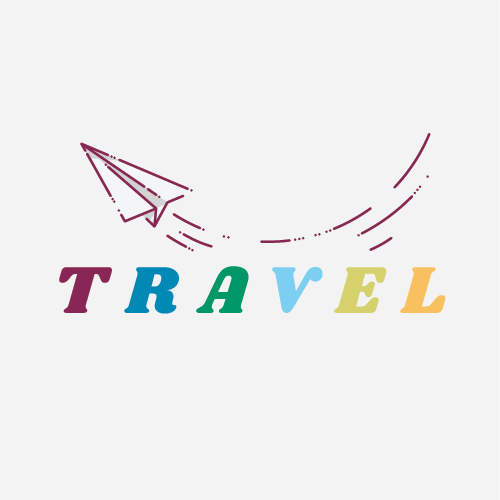 The word travel in different colours with a paper airplane flying by