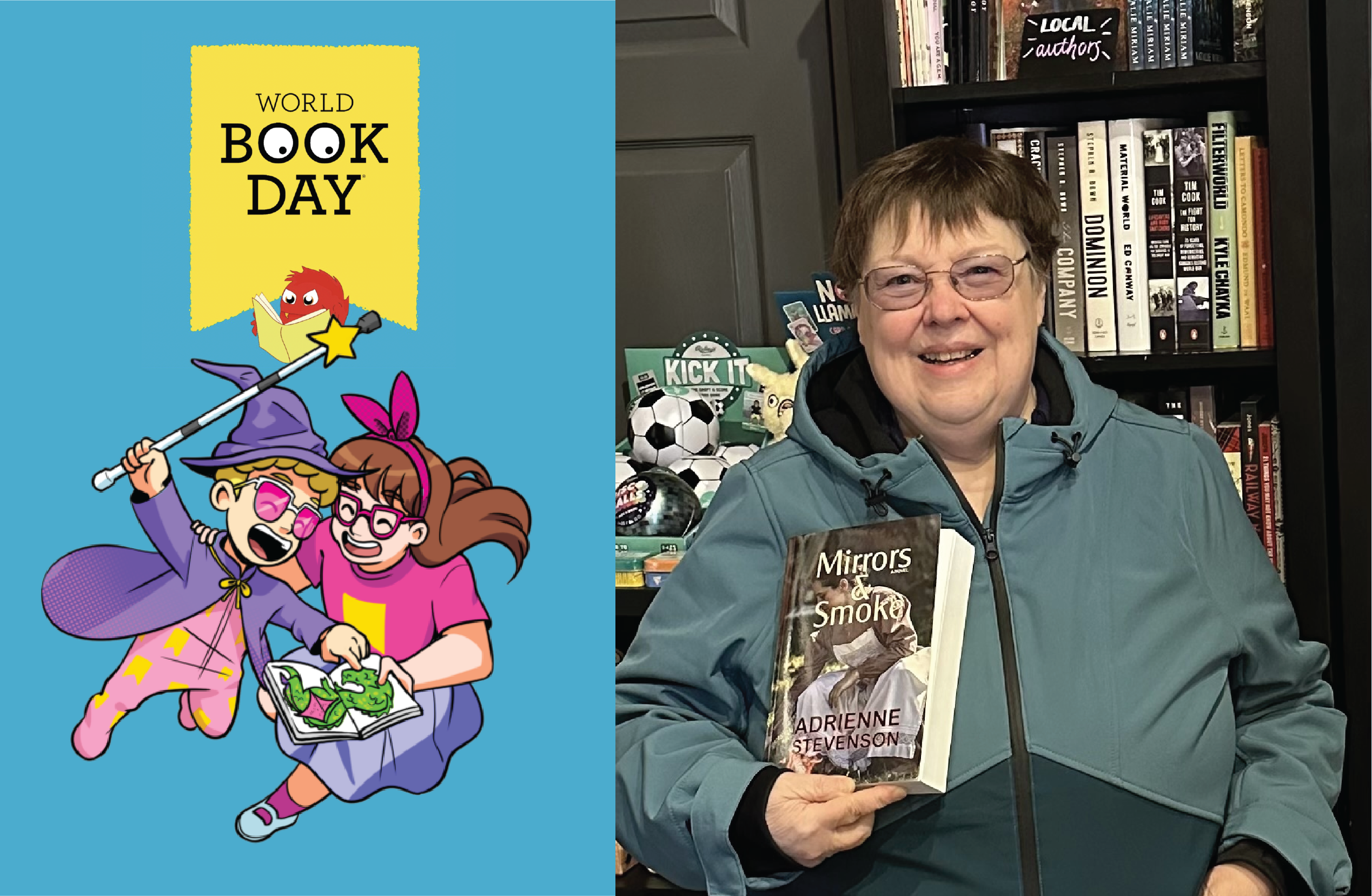 Woman holding her book in front of bookshelves and a comic-like graphic for World Book Day