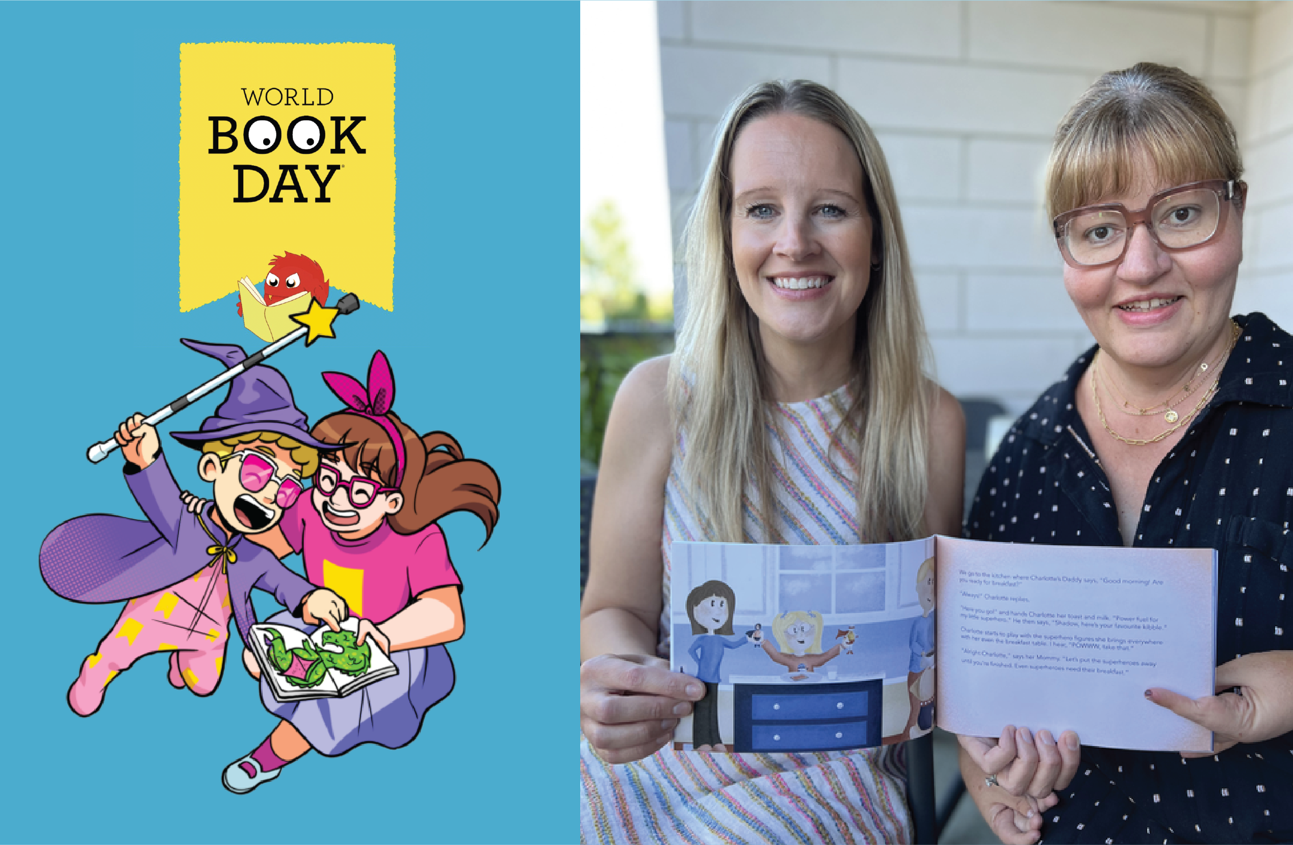 Two woman holding their book open and comic-like graphic for World Book Day