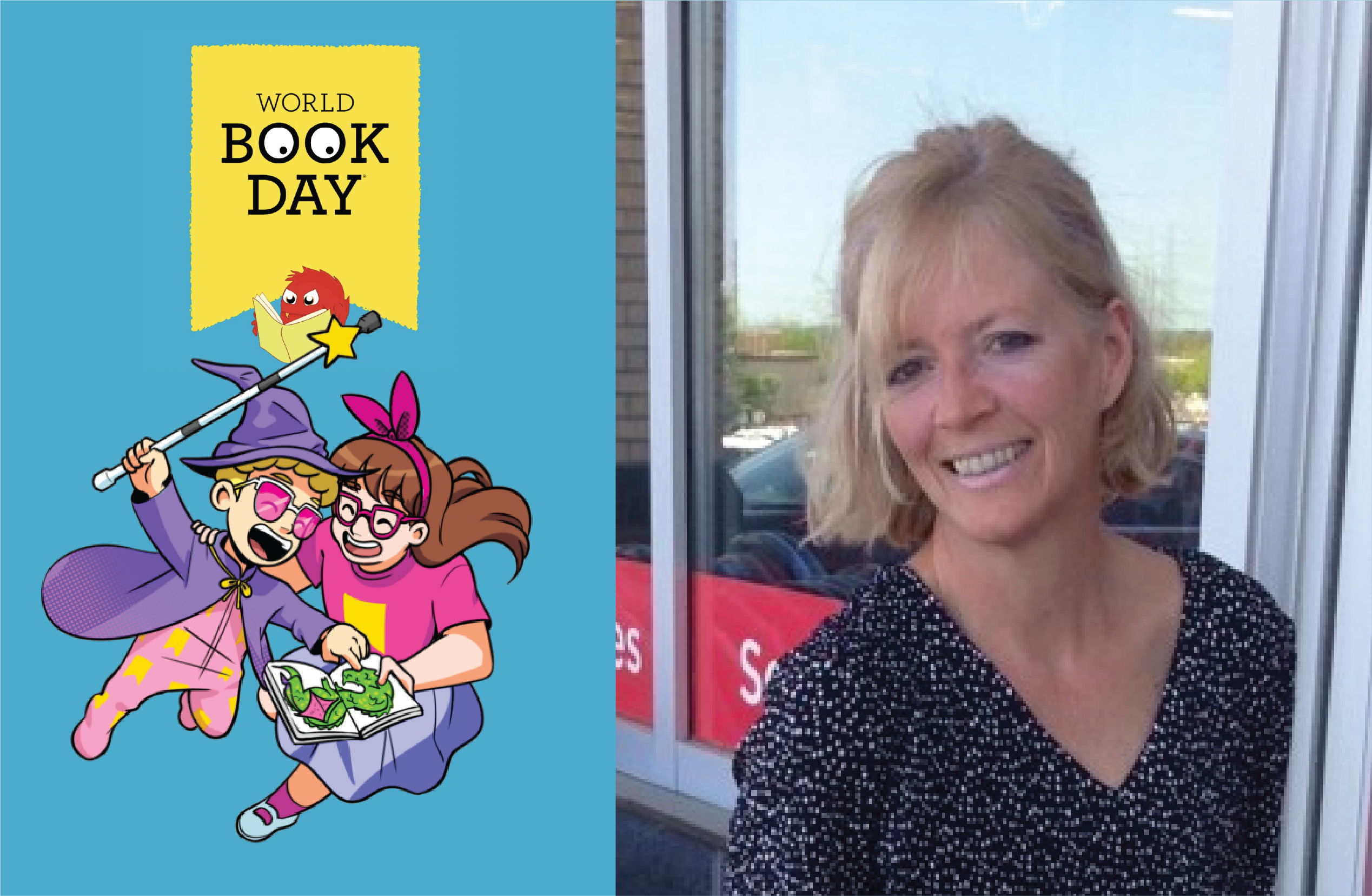 Smiling woman in front of bookstore and comic-like graphic for World Book Day