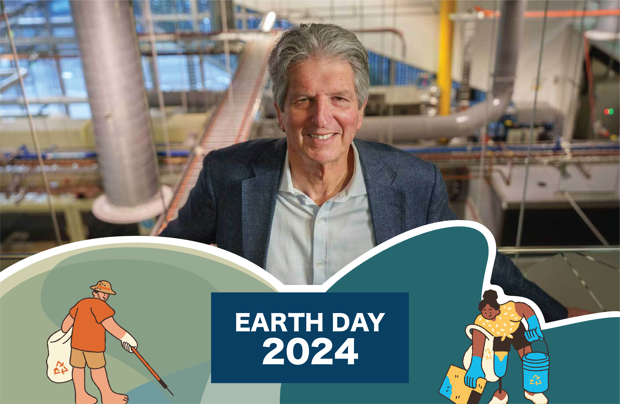 Man inside power plant with Earth Day 2024 graphic