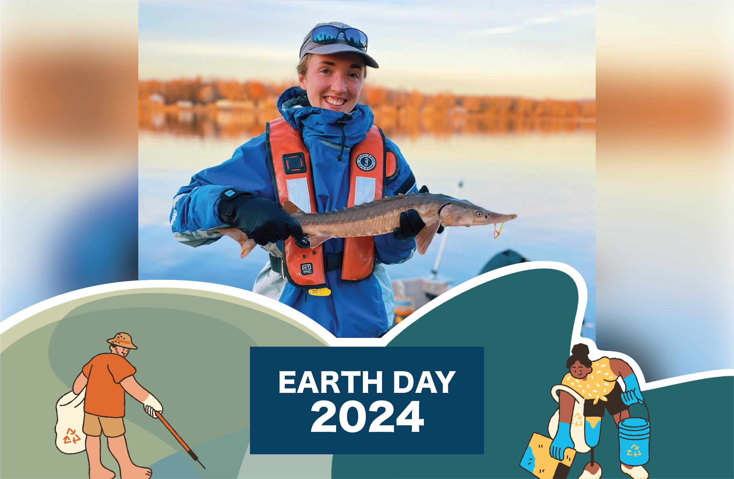 Woman wearing lifevest holding a big fish on the water and Earth Day 2024 graphic