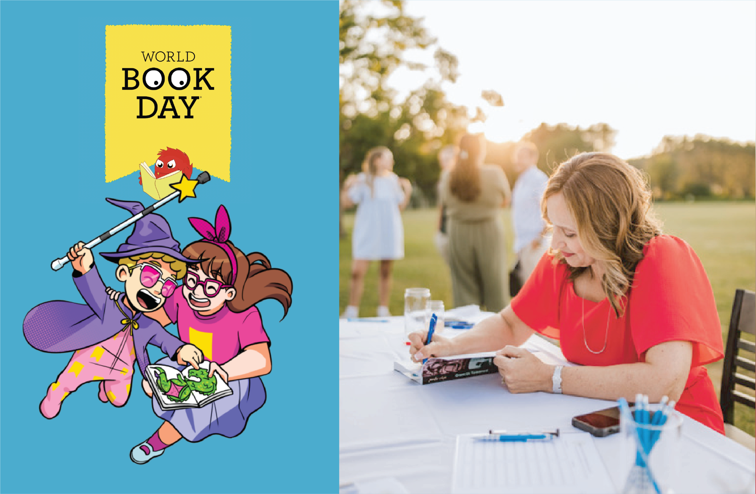 Woman outside signing book at table and comic-like graphic for World Book Day