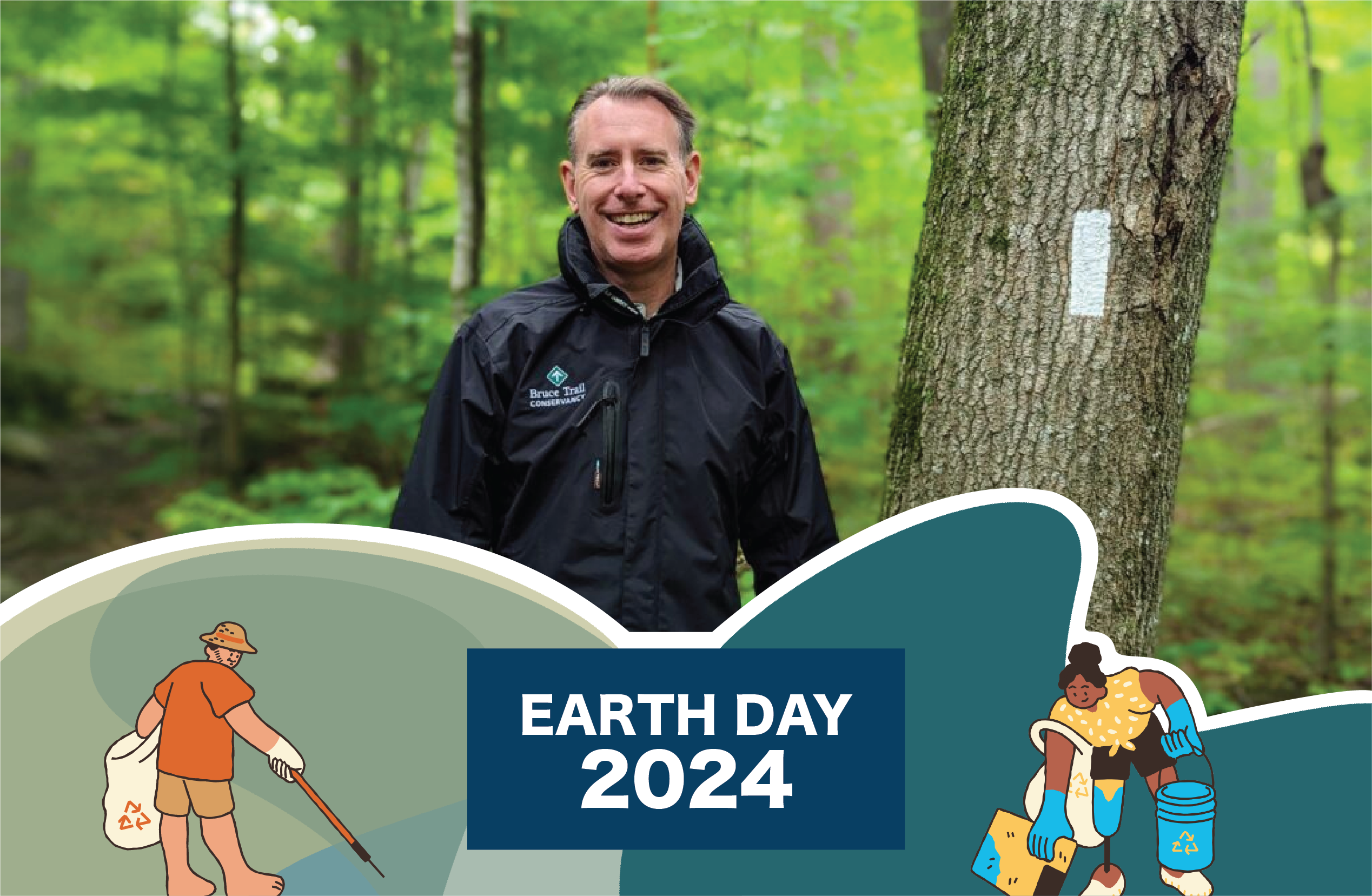 Man in forest beside tree with white trail marker and Earth Day 2024 graphic