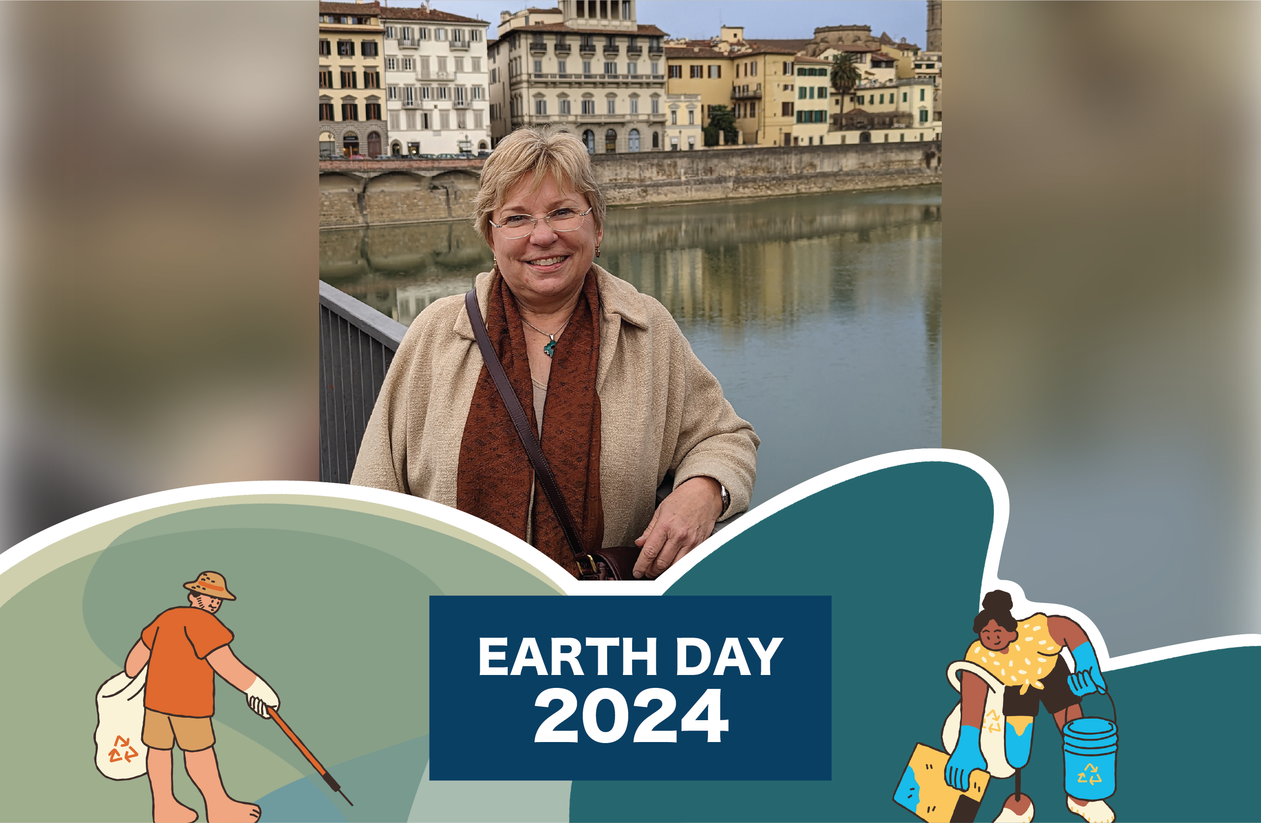Woman on bridge over water and Earth Day 2024 graphic
