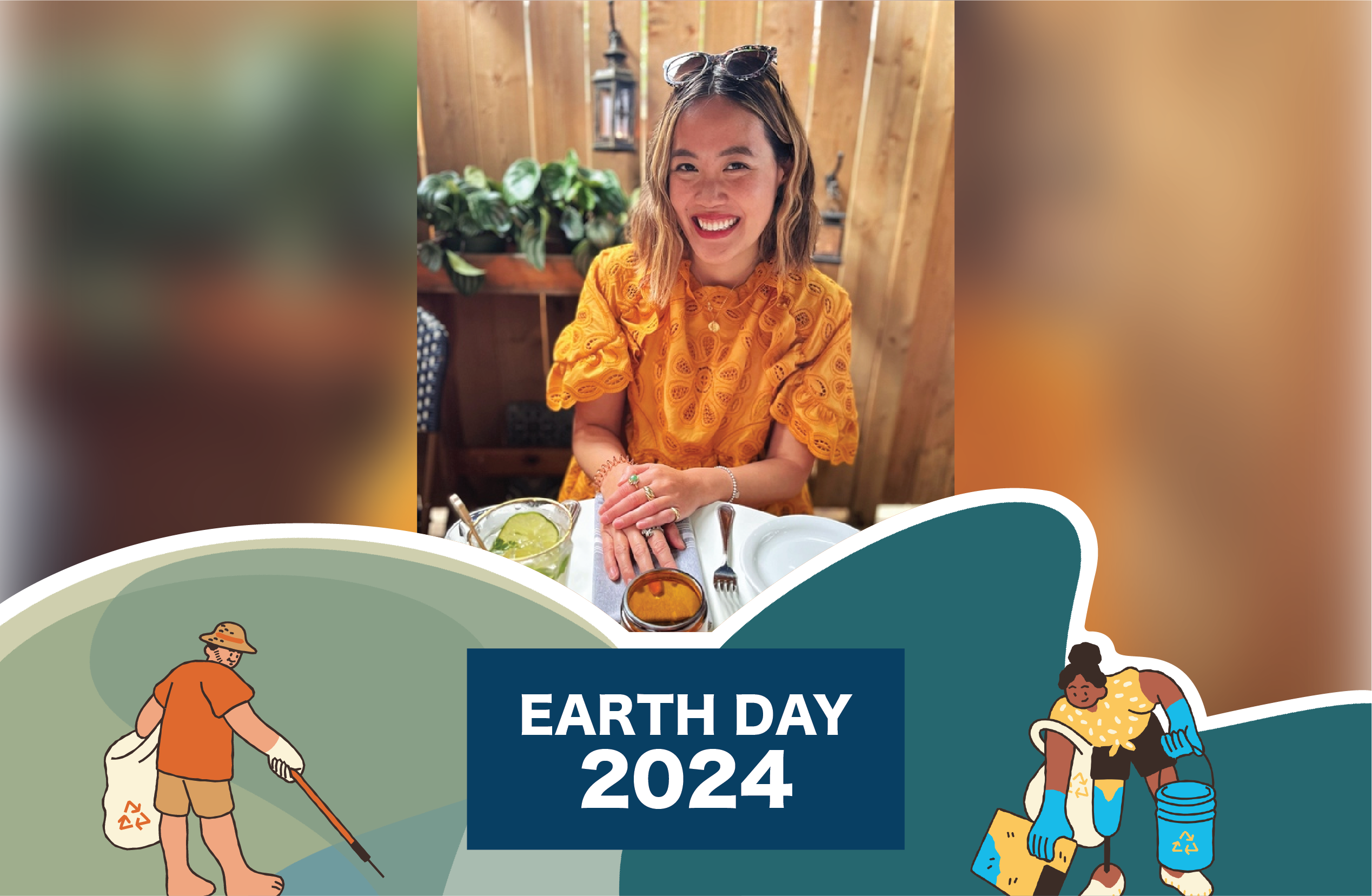 Young woman sitting at table with wooden fence background and an Earth Day 2024 graphic